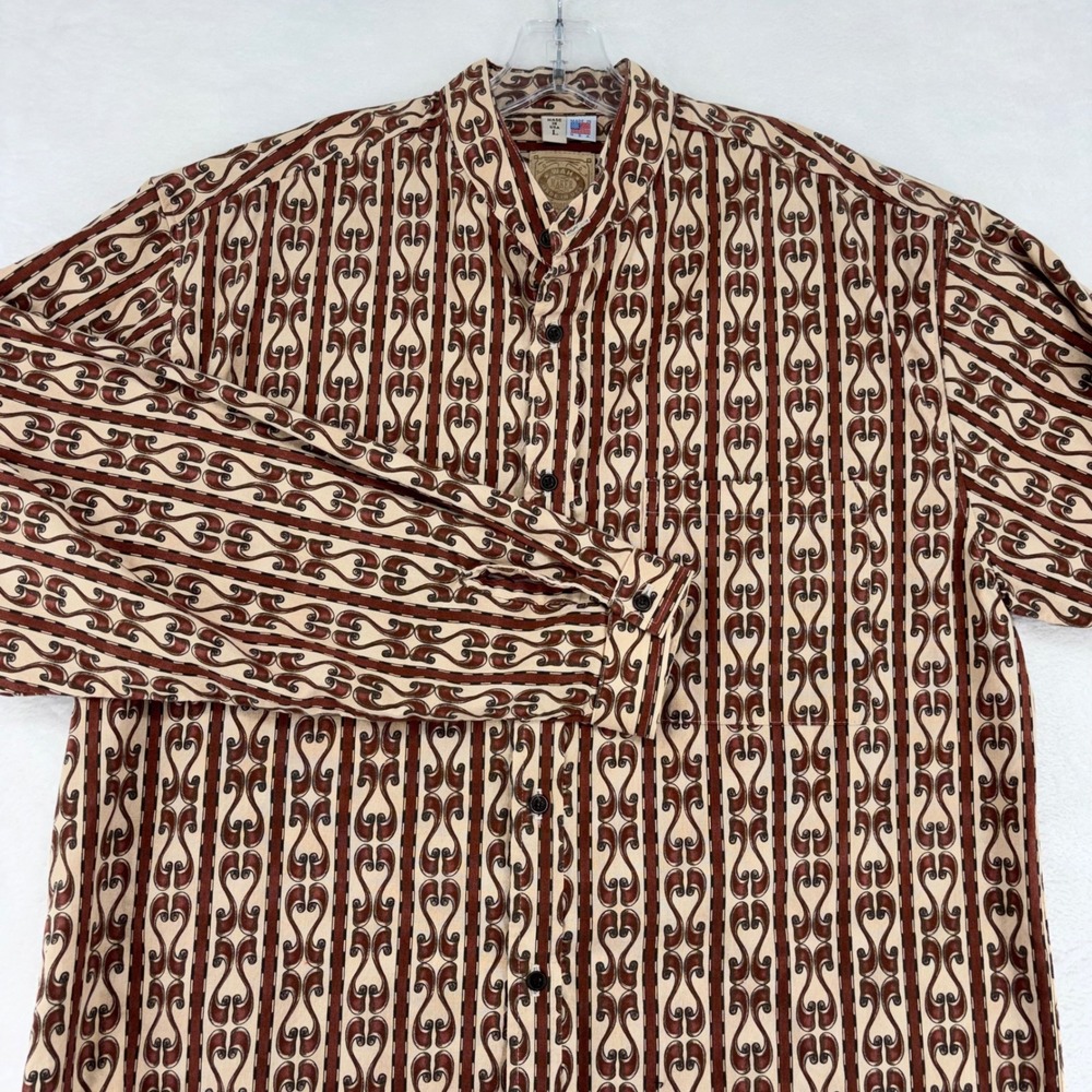 Wah Maker Frontier Clothing Mens Large Brown Scroll Stripe Band Collar Shirt USA